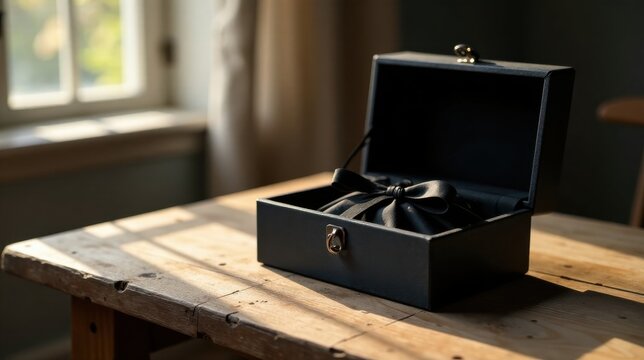 A dark, elegant keepsake box sits open on a rustic wooden table, bathed in warm sunlight, showcasing a subtly tied black satin pouch inside.