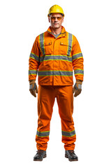 Fototapeta premium Construction worker wearing reflective safety gear stands confidently against a neutral backdrop