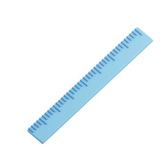 3D cartoon straight blue ruler, isolated on white background, playful educational object for measuring, geometry, math activities, and classroom learning tools.