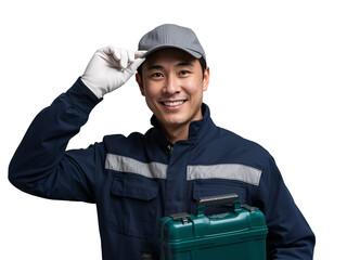 Cheerful asian handyman in uniform with toolbox isolated on transparent backdrop