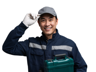 Cheerful asian handyman in uniform with toolbox isolated on transparent backdrop