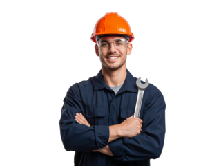 Confident industrial worker with helmet and wrench on an isolated transparent setting radiating