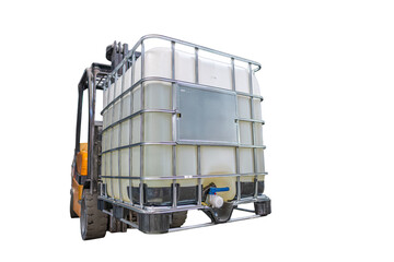 Industrial forklift lifting IBC tank with metal cage