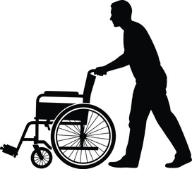 Obraz premium Vector art of a silhouette of a man pushing a wheelchair, symbolizing disability, accessibility, and the importance of care and support for mobility