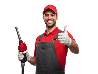 Friendly gas station attendant giving thumbs up with fuel nozzle on transparent background