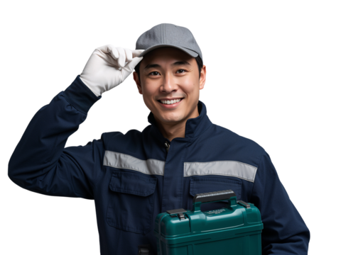 Cheerful asian handyman in uniform with toolbox isolated on transparent backdrop