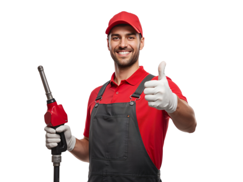 Friendly gas station attendant giving thumbs up with fuel nozzle on transparent background