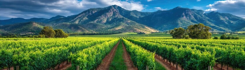 Green field with vineyard rows for harvesting concept. Vibrant vineyard under a stunning mountain backdrop.