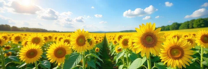 Fototapeta premium A vibrant field of sunflowers in full bloom, stretching to the horizon under a bright summer sky Perfect for summer, nature, and agriculture themes , beauty, sunlight, sunflowers