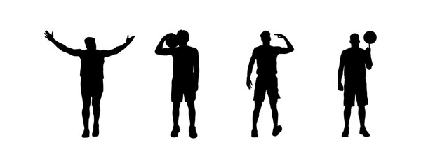 A collection of black silhouettes of basketball players in standing, posing, and skill demonstration positions. Ideal for vector design, sports graphics, posters, and apparel projects. © Muhammad Hasbi