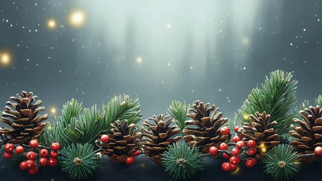 Row of pine cones under spotlight with particles