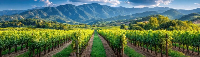 Fototapeta premium Green field with vineyard rows for harvesting concept. Vibrant vineyard landscape against majestic mountain backdrop.