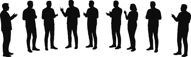 Silhouette of group people standing, men and women talking, teamwork communication, business meeting discussion, community gathering illustration, social interaction concept