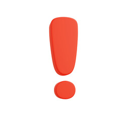 3D cartoon red exclamation mark with bold dot, isolated on white background, playful design for alert, attention, warning, and educational signs.