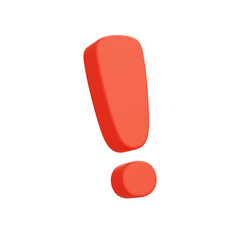 3D cartoon red exclamation mark with rounded shape, isolated on white background, colorful icon...