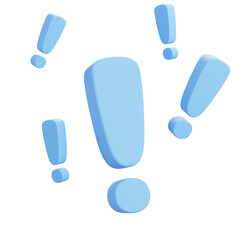 3D cartoon blue exclamation mark with round dot, isolated on white background, colorful playful...