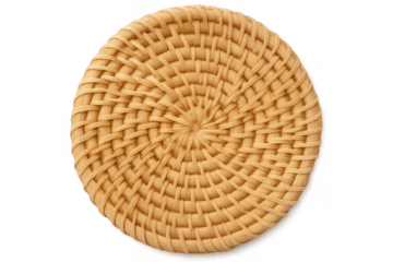 Round wicker coaster lying on transparent background