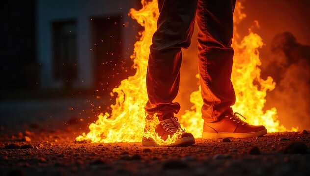 Burning Pants Dramatic Close-Up of Intensely Flaming Fabric, Urgent Destruction, Orange and Yellow Hues
