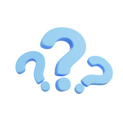 3D cartoon blue question marks arranged together, isolated on white background, playful symbol representing curiosity, questions, learning, and problem solving.