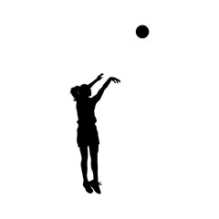 Black silhouette of a female basketball player jumping and shooting the ball in midair. Ideal for sports graphics, posters, vector illustrations, and basketball-themed designs.