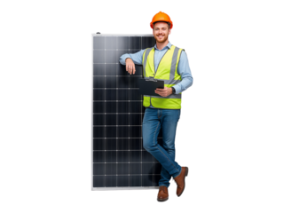 Smiling engineer leaning against solar panel on an isolated transparent backdrop showcasing