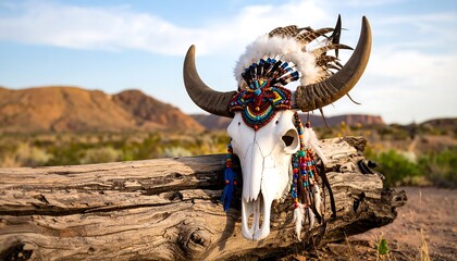 Buffalo skull adorned with colorful accessories rests on a log in a desert landscape under a clear sky during golden hour