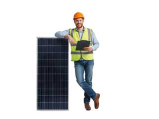 Smiling engineer with solar panel for renewable energy solutions, isolated on a transparent backdrop
