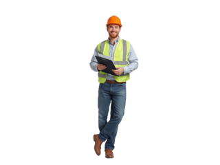 Confident construction worker with clipboard, isolated on transparent space providing design