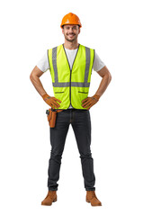 Confident construction worker with safety gear stands proudly on transparent backdrop