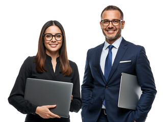Confident young business partners with laptops smiling on isolated transparent background