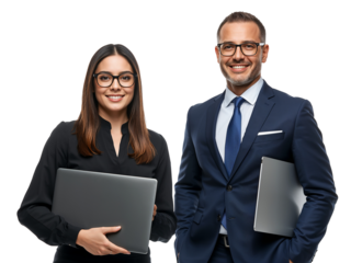 Confident young business partners with laptops smiling on isolated transparent background