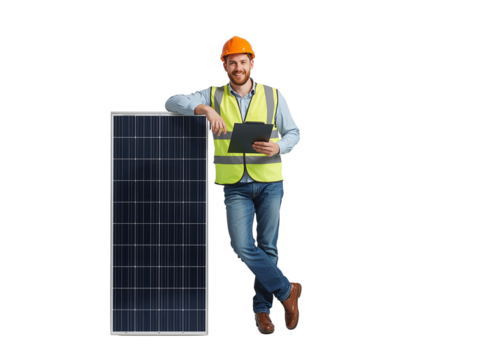 Smiling engineer with solar panel for renewable energy solutions, isolated on a transparent backdrop