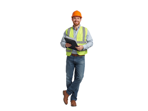 Confident construction worker with clipboard, isolated on transparent space providing design