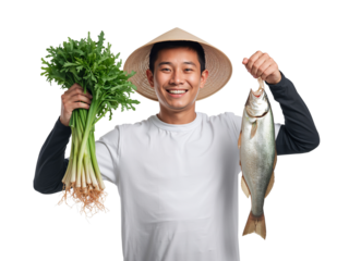 Cheerful asian man in traditional hat holding a fish and fresh vegetables on isolated transparent
