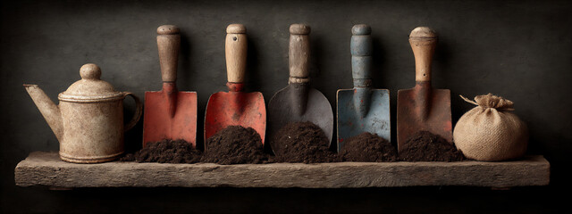 a rustic wooden shelf with various old-fashioned tools