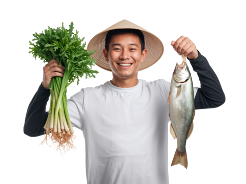 Cheerful asian man in traditional hat holding a fish and fresh vegetables on isolated transparent