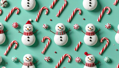 Festive winter holiday seamless pattern with snowmen and candy canes