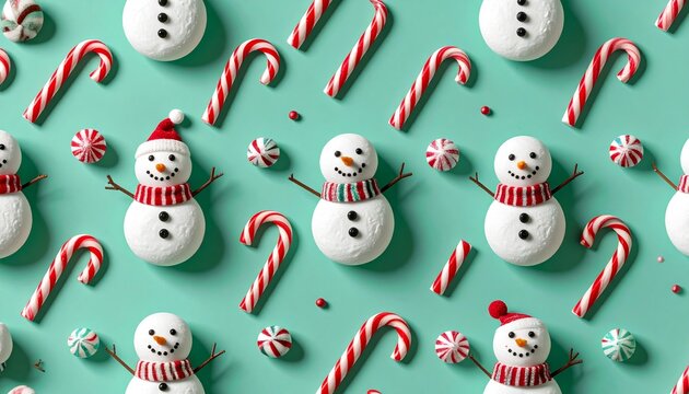 Festive winter holiday seamless pattern with snowmen and candy canes