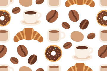 Seamless pattern of coffee cups, beans, croissants, and donuts.