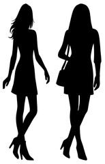 Silhouettes of Two Women Walking with Handbag on White Background