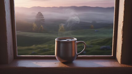 A cup of coffee for a sacred pause to admire scenic landscape window view