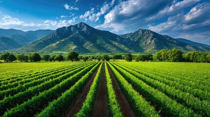 Green field with vineyard rows for harvesting concept. Vibrant green vineyard landscape with mountains and blue sky.