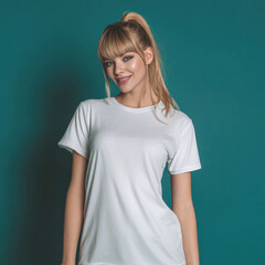 Obraz premium A cheerful young Asian woman poses in a plain white t shirt and mint shorts on a light blue background. The look emphasizes freshness and simplicity.