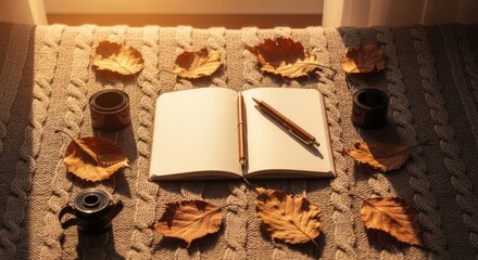 Cozy Autumn Flat Lay with Open Notebook Pen and Dry Leaves.