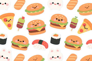 Cute kawaii food lifestyle pattern (burgers, pizza, sushi).