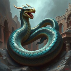 Fantasy Dragon Statue in an Ancient Architectural Setting