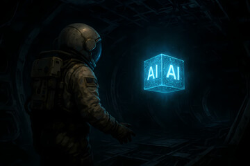 An astronaut in a futuristic suit gazes at a glowing blue cube displaying "AI" in a dark, metallic spacecraft interior.