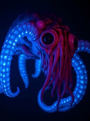 Cybernetic Octopus Glowing in Blue Light