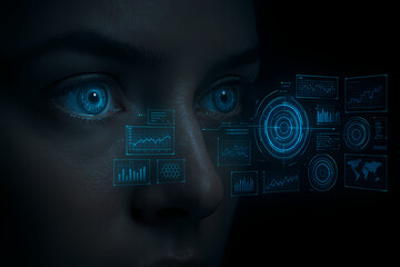 A woman's glowing blue eyes reflect a futuristic holographic interface with data charts and graphs.