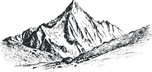 Detailed Ink Sketch of a Majestic Snow-Covered Mountain Range